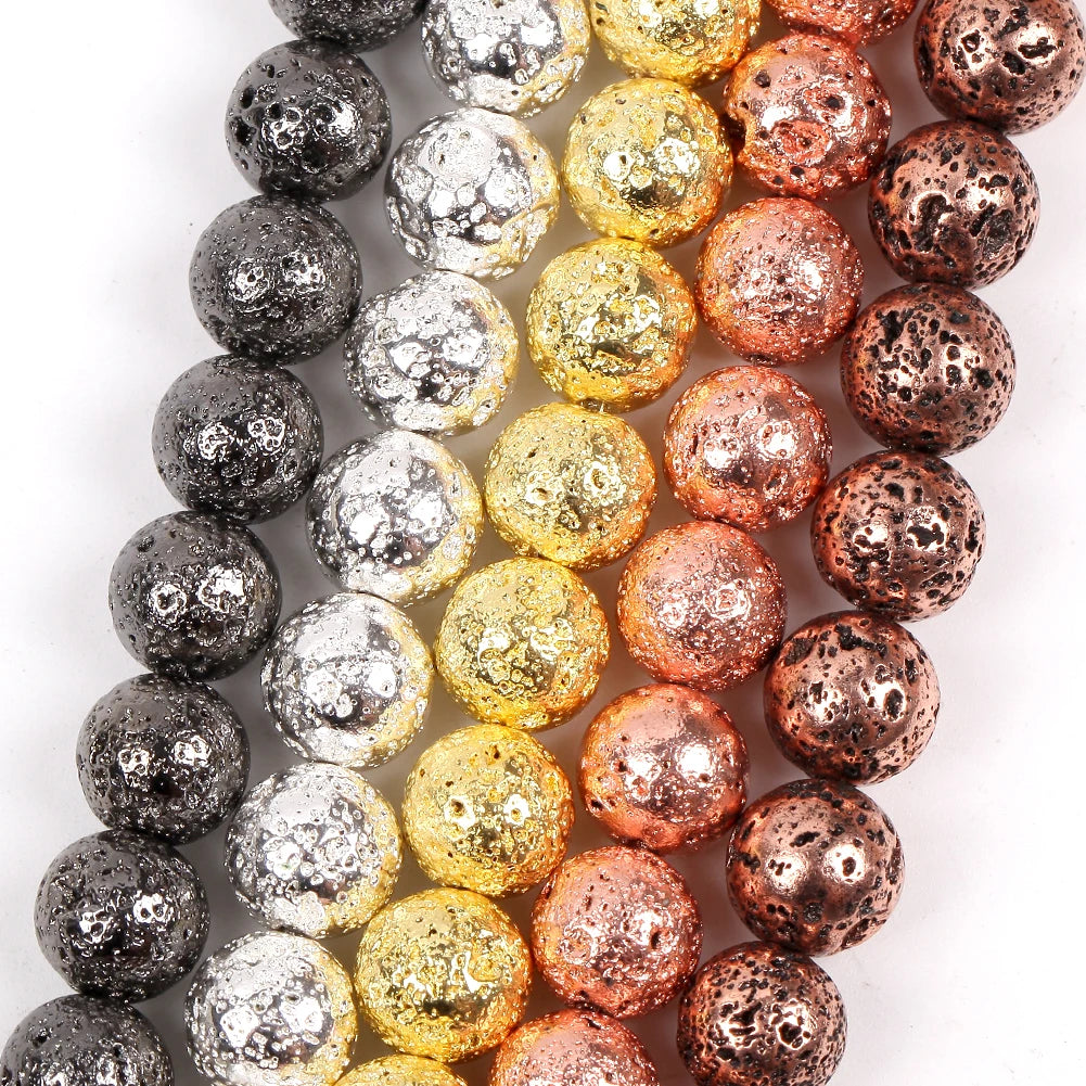 4/6/8/10mm Natural Rose Golden Silvery Plated Lava Stone Beads Round Loose Beads for Jewelry Making Findings DIY Bracelet