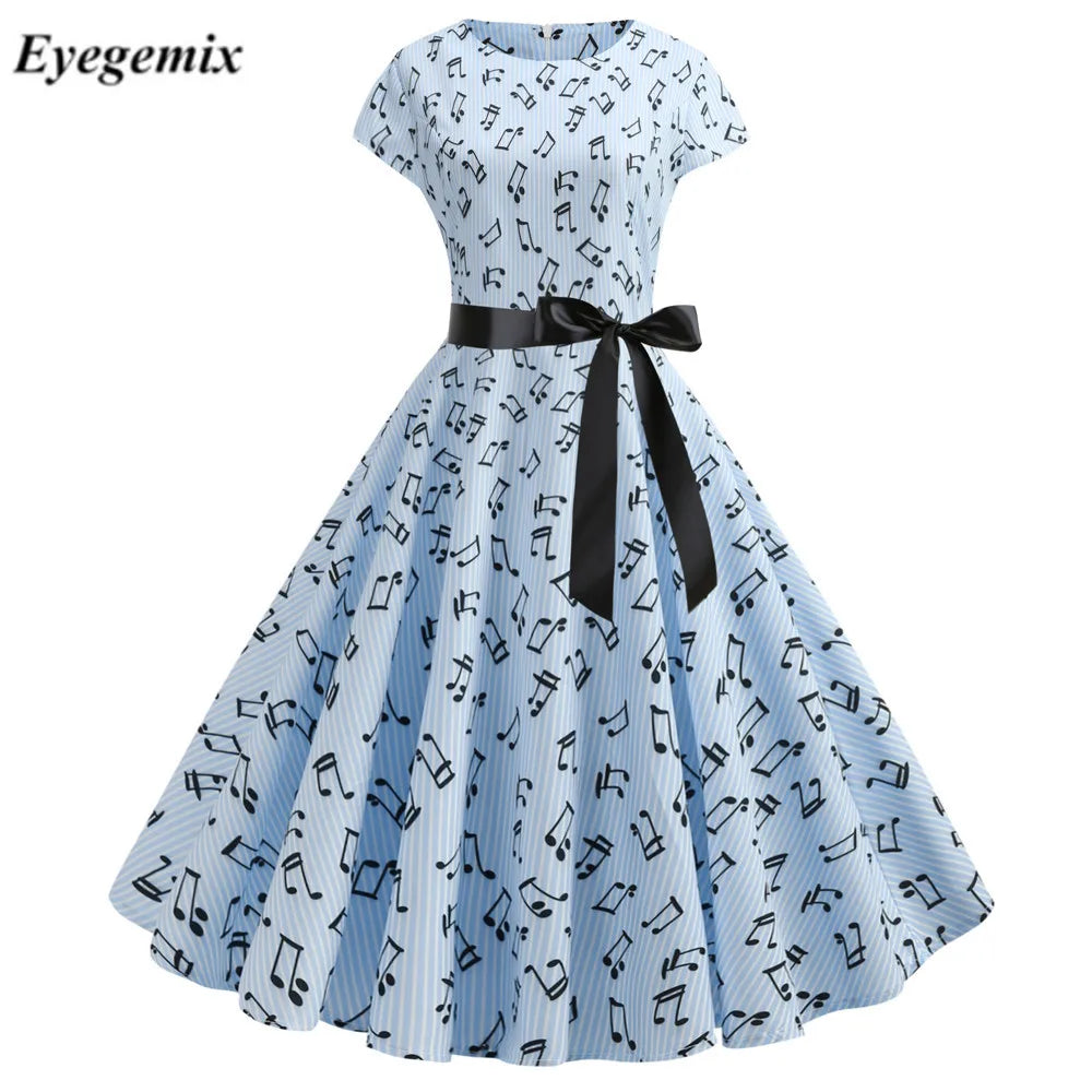 Musical Note Print Summer Dress Vintage Women 50s 60s Swing Rockabilly Dress Robe Femme Casual Floral Office Party Vestidos