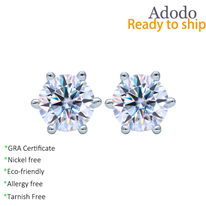Wholesale 925 Silver Jewelry Classic Six Prong Set Round Cut 0.2ct to 6ct Multi Size VVS GRA Colored Moissanite Stud Earrings