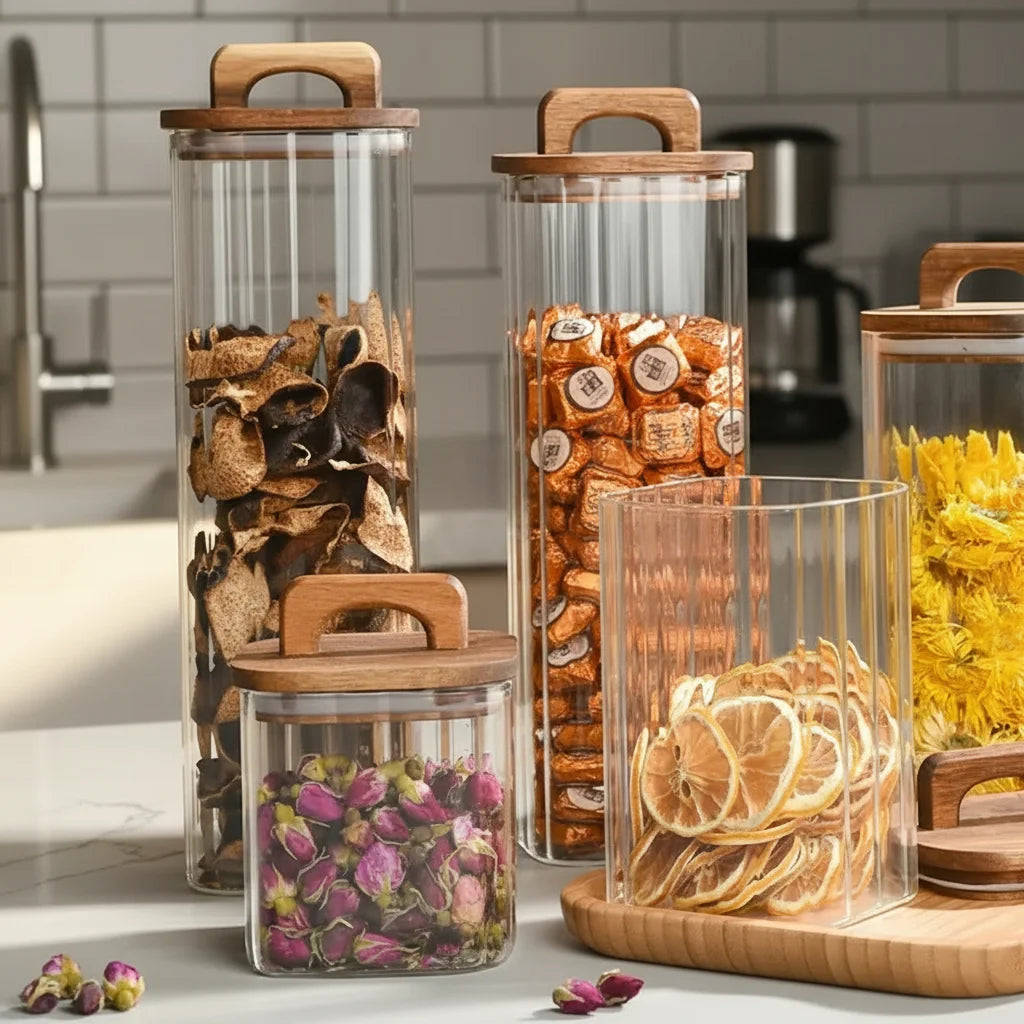 Factory Hot Selling Kitchen Glass Airtight Coffee Container Square Borosilicate Glass Storage Jar With Acacia Wooden Lid