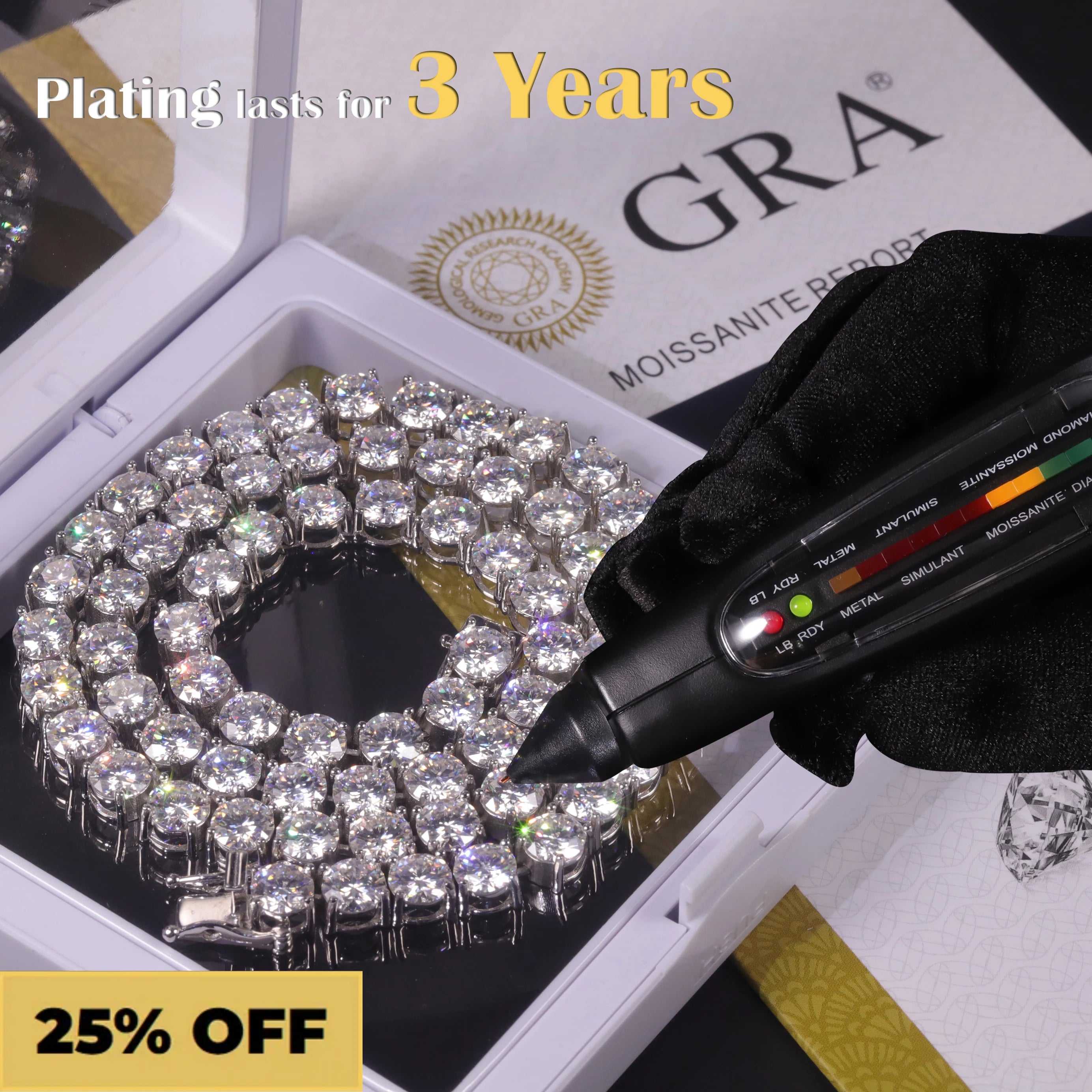 OEM ODM Custom Jewelry Wholesale Gold 925 Sterling Silver Iced Out 3mm DEF Color VVS Moissanite Diamond Necklace Tennis Chain