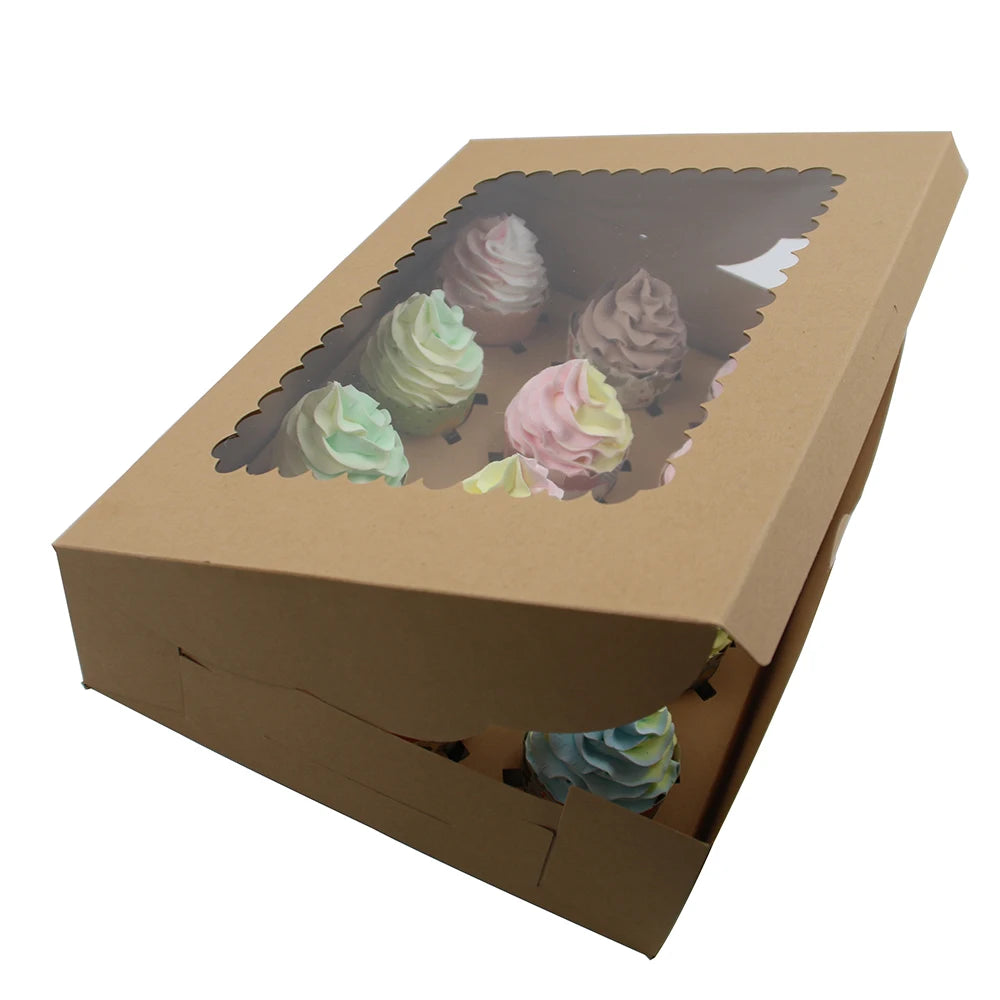 12 Hole Kraft Bakery  Paper Boxes with clear windows Packing Muffin Cupcake Container Box with Ribbon