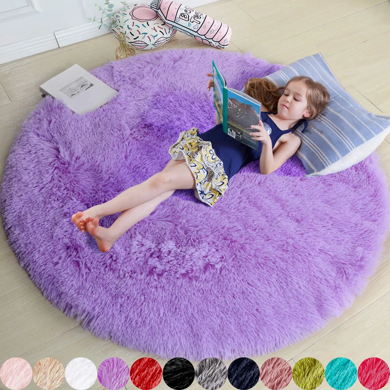 Modern White Round Fluffy Rug for Kids & Teen's Room Shaggy Circular Nursery Carpet for Bedroom & Nursery