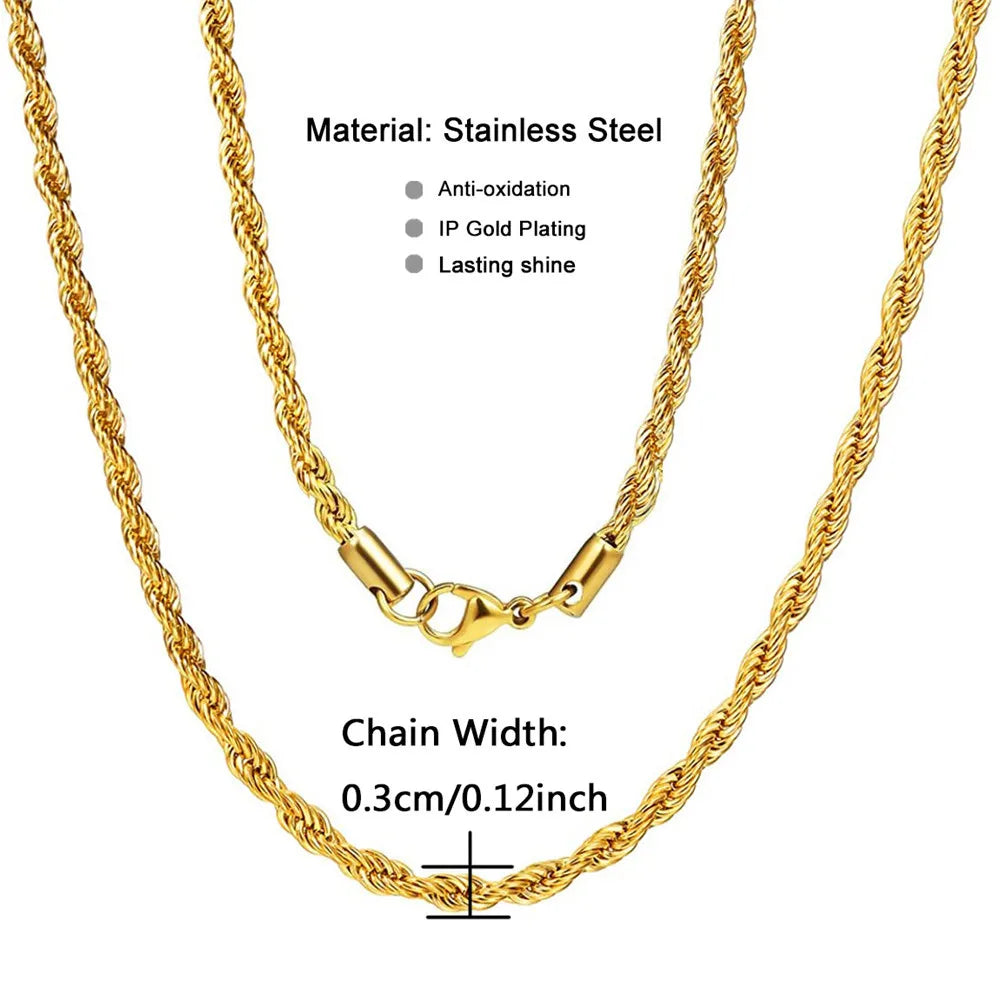 Wholesale 3 mm Tarnish Free Twisted Rope Chain Necklace 18k IP Gold Plated Stainless Steel Rope Chain Necklace