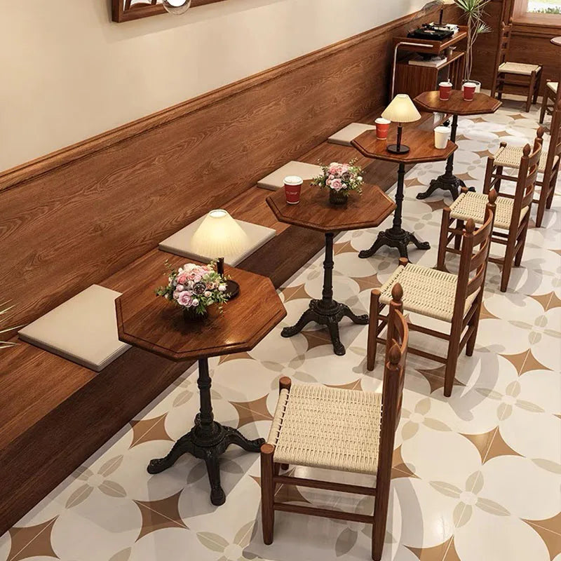 Modern Dining Room Furniture Round Walnut Color Solid Wood Top Black Iron Base Dining Table and Chairs for Restaurant