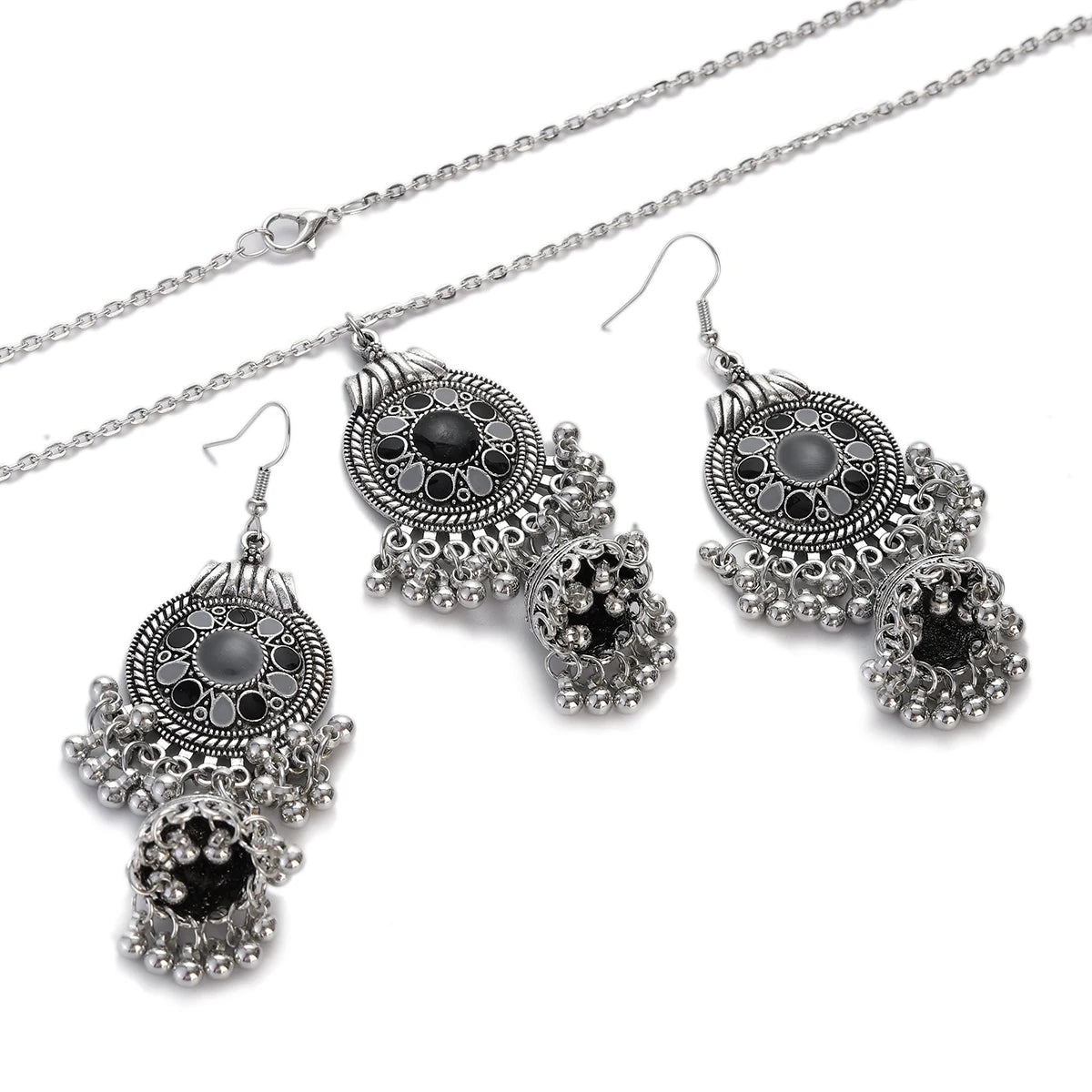 Fashion Vintage Ethnic Statement Earrings Round Carved Tassel Bell Drop Dangle Necklace for Indian Jewelry Set