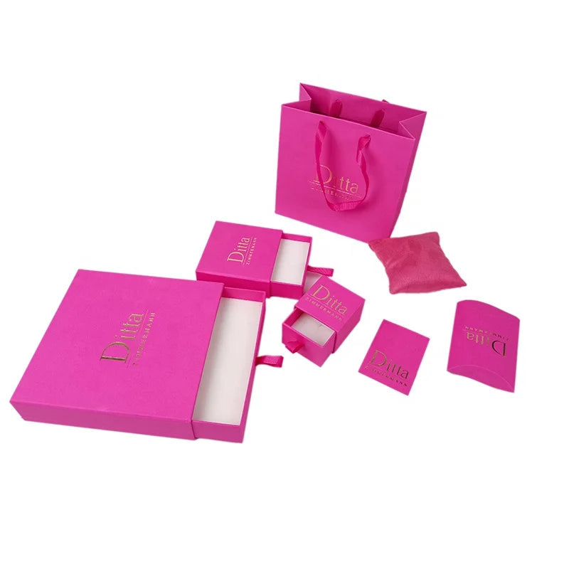 Custom Rose Pink Rectangle Sliding Drawer Gift Box Leather Exterior Foam Velvet Lining Paper Bag Included for Necklace Jewelry