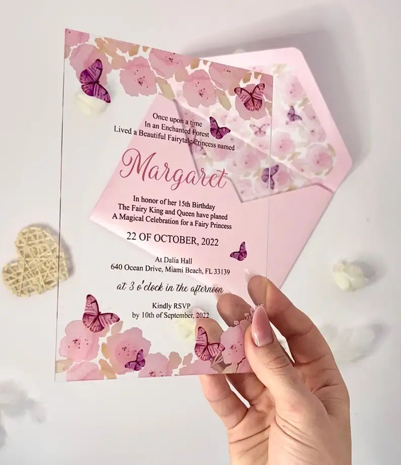Custom Tea Party Plexiglass Plastic Acrylique Pink Butterfly Flora Shape Sweet Fifteen Invitation Birthday for Quinceanera