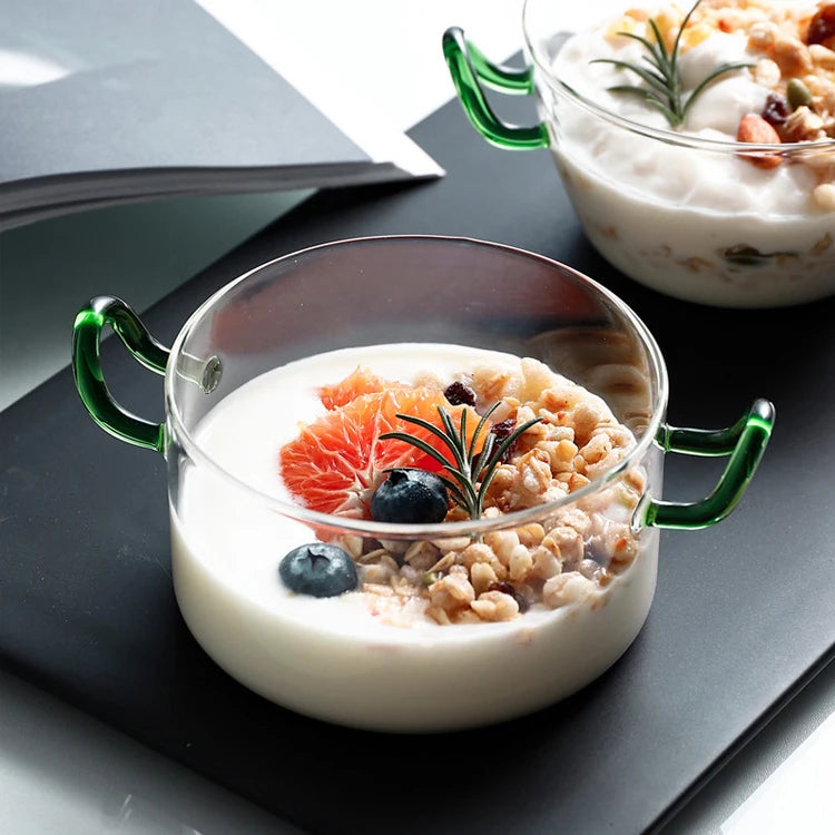 High Borosilicate Creative Green Double-eared Home Personality Fruit Glass Salad Transparent Dessert Breakfast Bowl