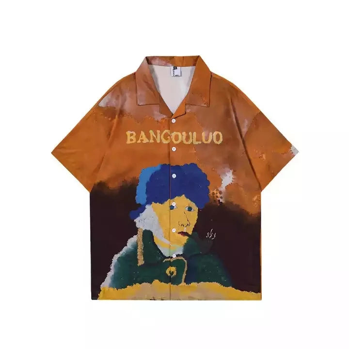 Men's Summer Trend Street Brand Loose Half-Sleeved Clothing Cartoon Character Oil Painting Short-Sleeved Shirt Men