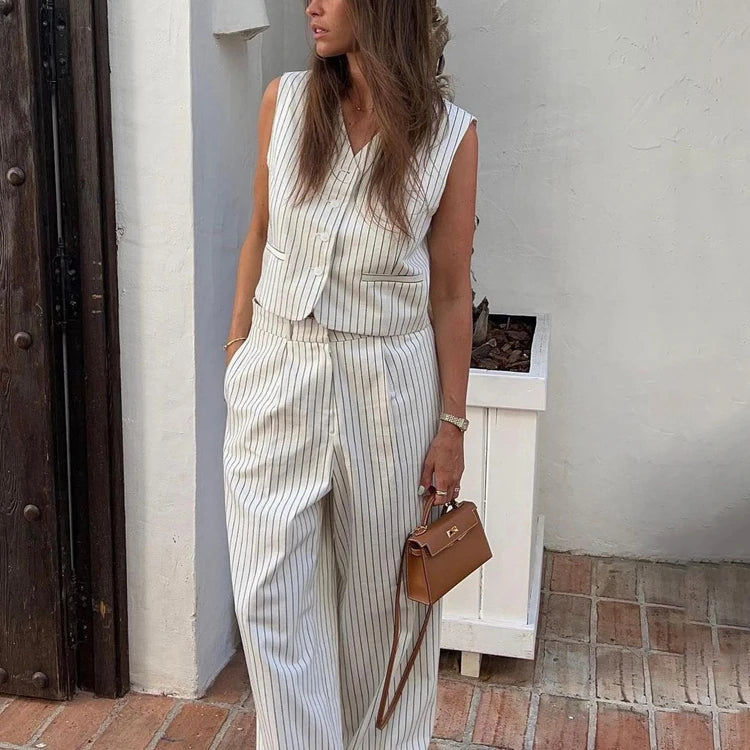 Fashionable Striped Vest And Pants Set Two Piece Clothing Ladies Suits Office Wear Summer Sets For Women