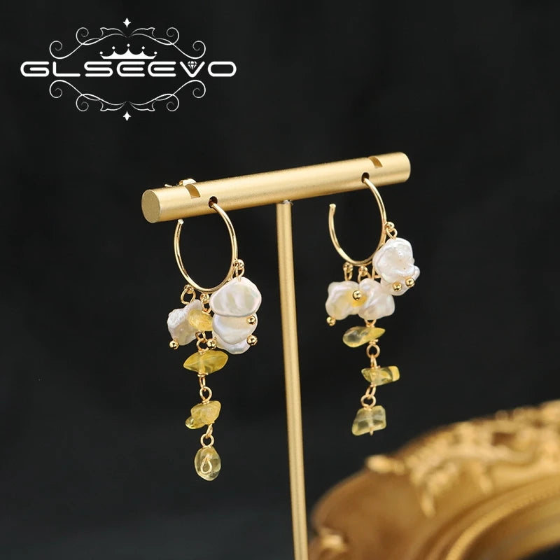 Geometric Baroque Pearl Drop Earrings for Woman Handing Hollow Crystal Hoop Eardrop Luxury Elegant Lady Wedding Jewelry