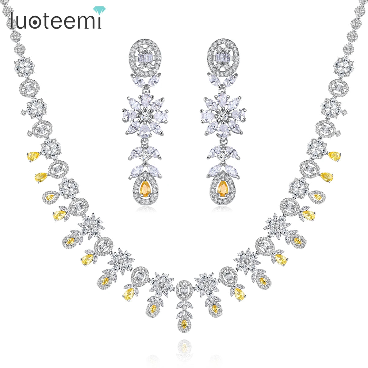 LUOTEEMI Delicate Jewelry Charm Lady CZ Diamond Woman Wedding Accessory Jewellery Bridal Earring Necklace Set