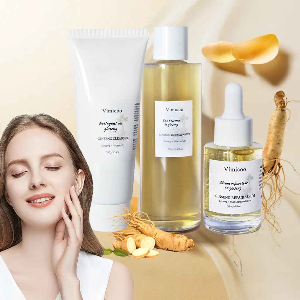 Private Label Face Skin Care Set 3pcs/set Ginseng Extract Niacinamide Vimicoo Hydrating Lightening Ginseng Organic Skincare Kit