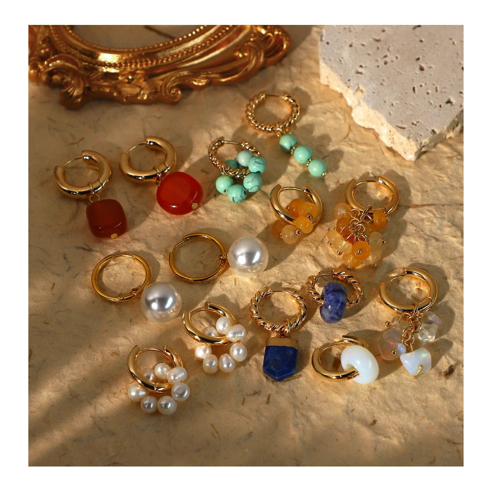 Women Trendy Vintage Fashion Jewelry Geometric Crystal Stone 14K Gold Plated Freshwater Pearl Dangle Drop Earrings