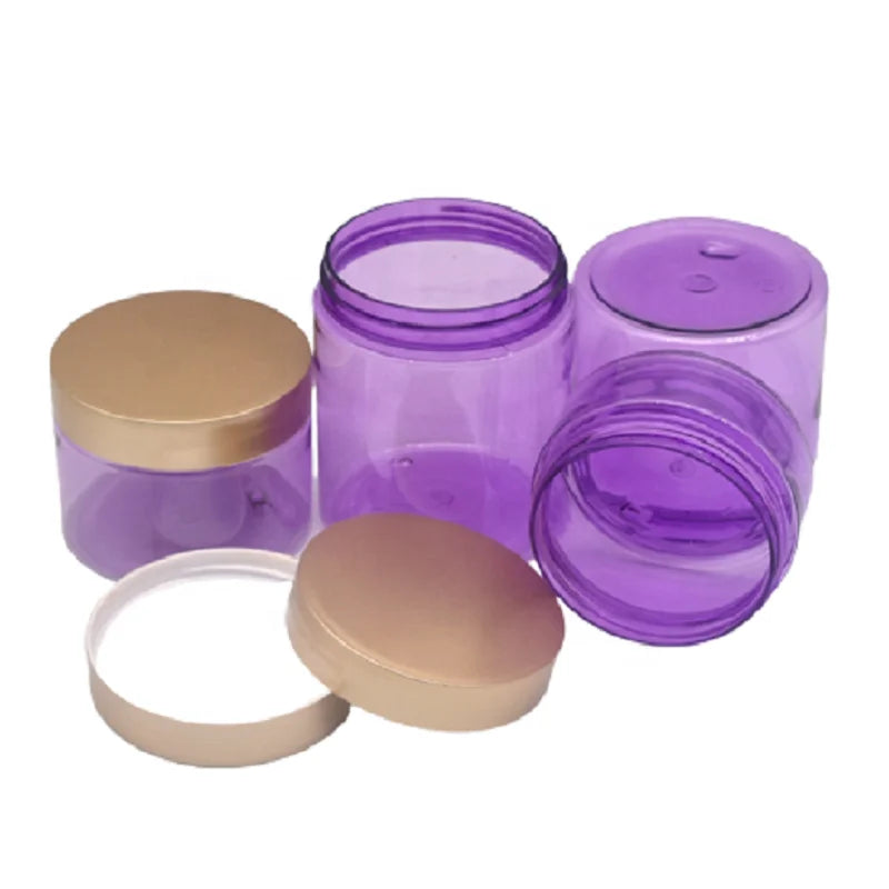 Empty 100 120 150 200 250g Plastic Cream Jar Purple Face Eye Cream Pots Body Scrub Container PET Plastic Jar with Gold Lids