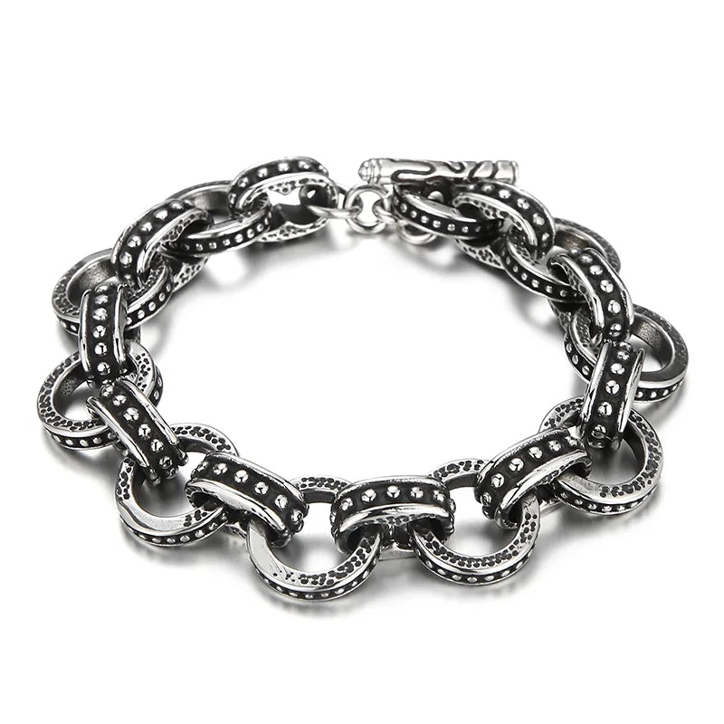KALEN 220mm Mens Punk Stainless Steel Ring Links Bracelet With OT Clasp