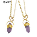 WT-N1303 Wholesale 18k Real Gold Plated Gorgeous Natural Amethyst Stone Necklace  in 16 Inch Women Pearl Chain Stone Necklace