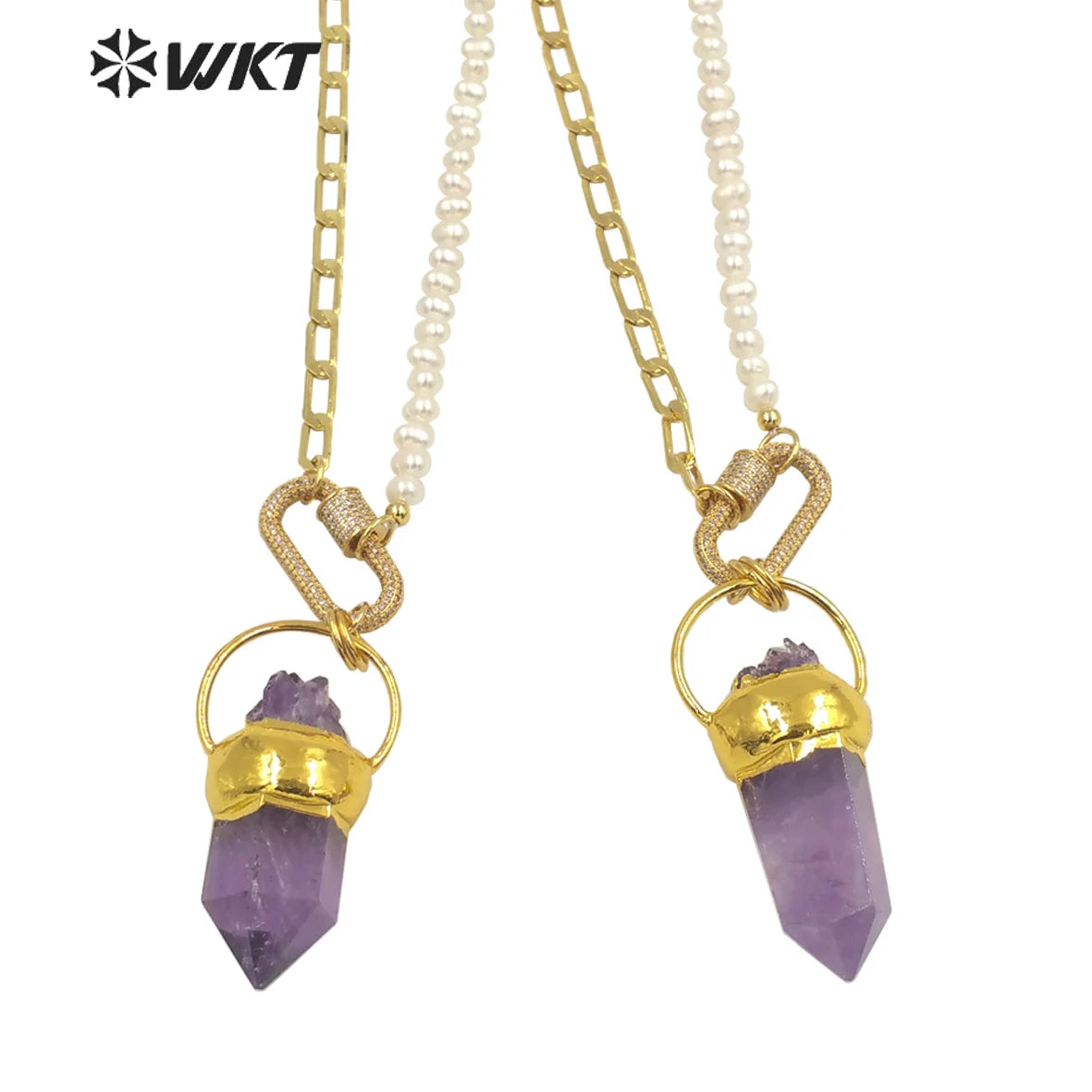 WT-N1303 Wholesale 18k Real Gold Plated Gorgeous Natural Amethyst Stone Necklace  in 16 Inch Women Pearl Chain Stone Necklace
