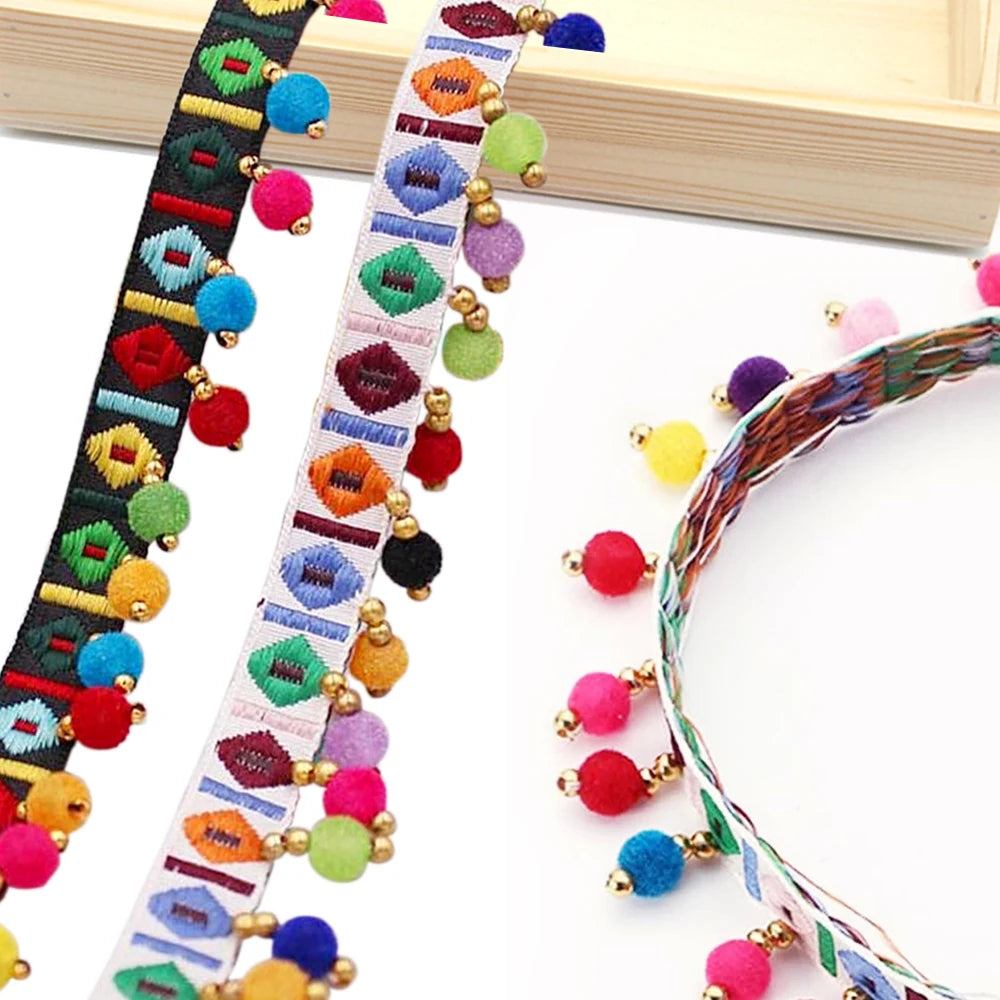 50Yards Ethnic Lace Trim Beaded Retro Tassel Fringe Lace Border Ribbon Pom Pom Ball Clothing Curtain Sewing DIY Decoration