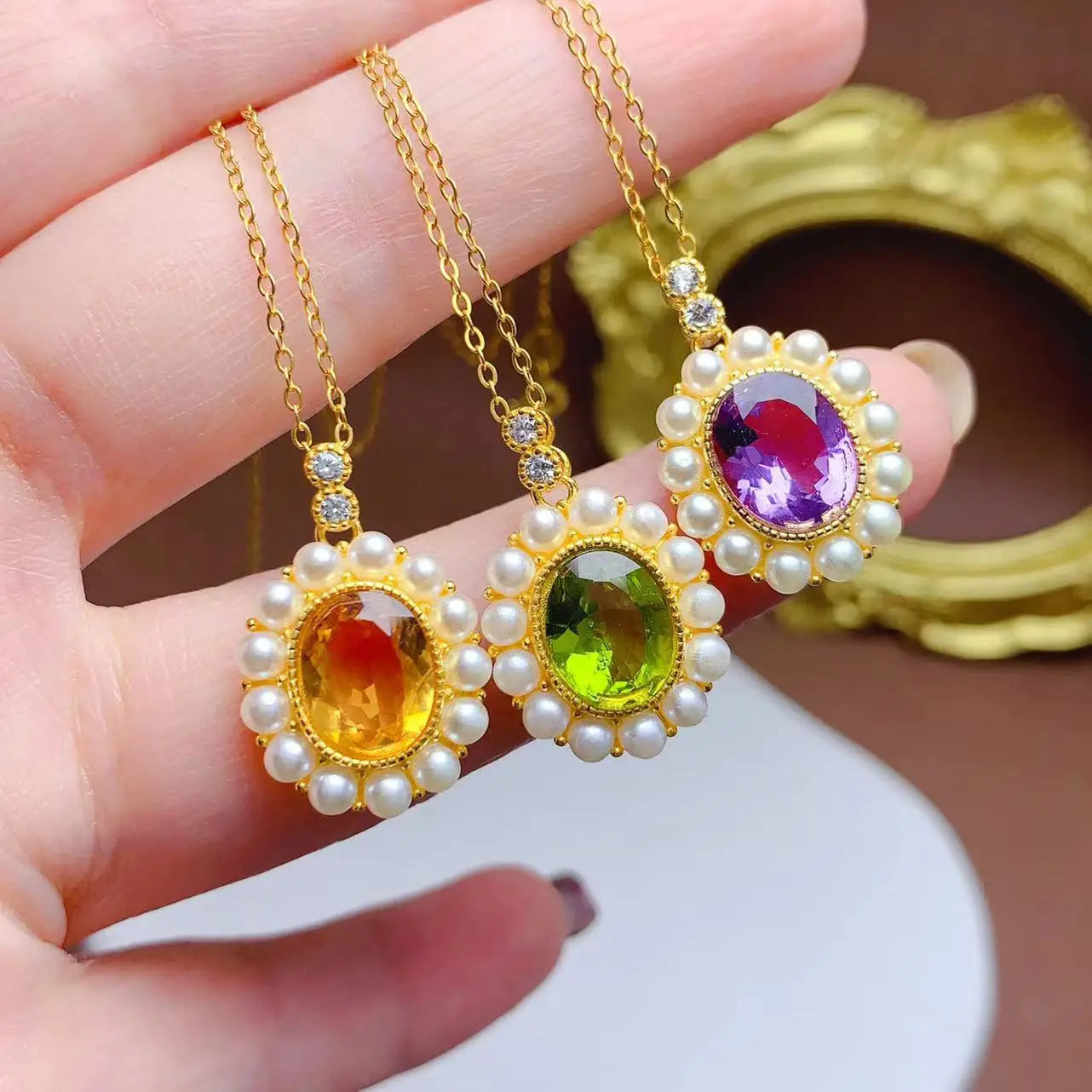 Women's 925 Sterling Silver Tennis Link Chain Pendant Necklace Waterproof Natural Gemstone Gold Plated for Gift GIA Certified