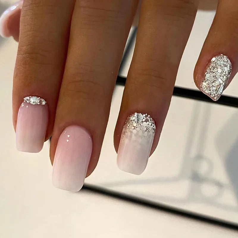Faux Ongles 24Pcs Soft Gel Nail Tips French Style Gradient Powder Rhinestone Fake Nails
