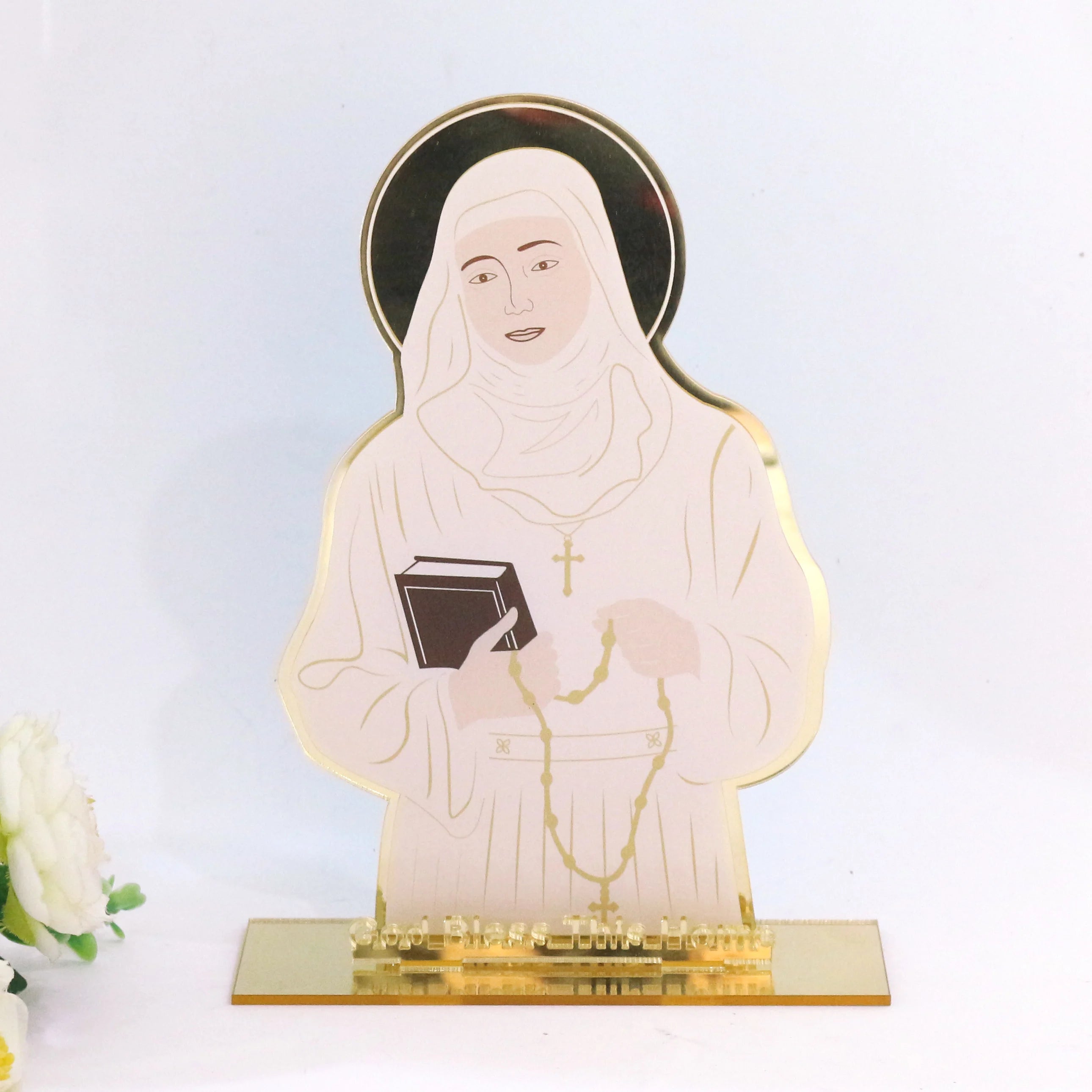 Personalized Nun-shaped Printed Acrylic Table Cards With Base Custom Laser Cut Blessing Mirror Acrylic Letters