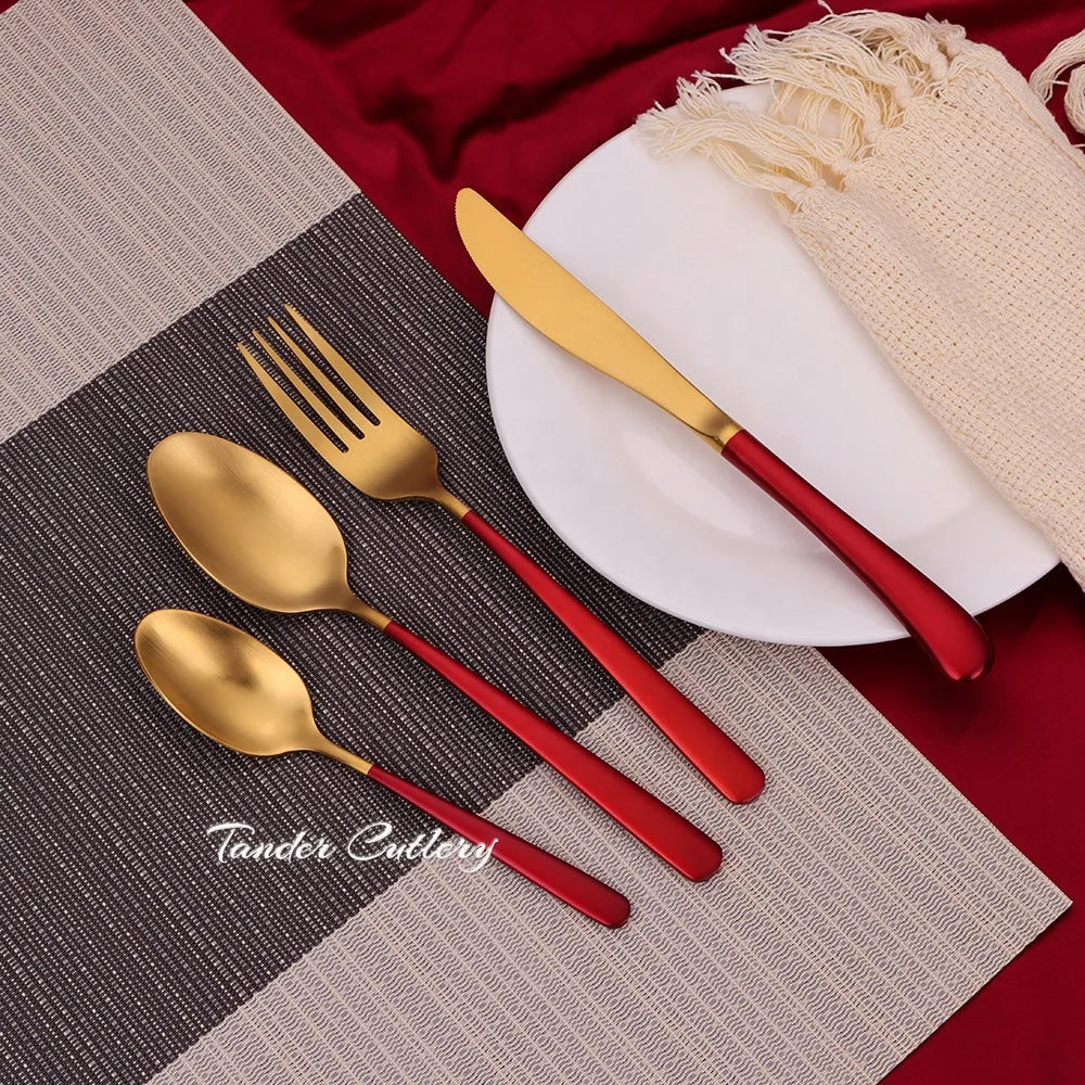 New Modern Wedding Cutlery Set 4 Piece Red Gold Flatware Stainless Steel Metal Spoon Set