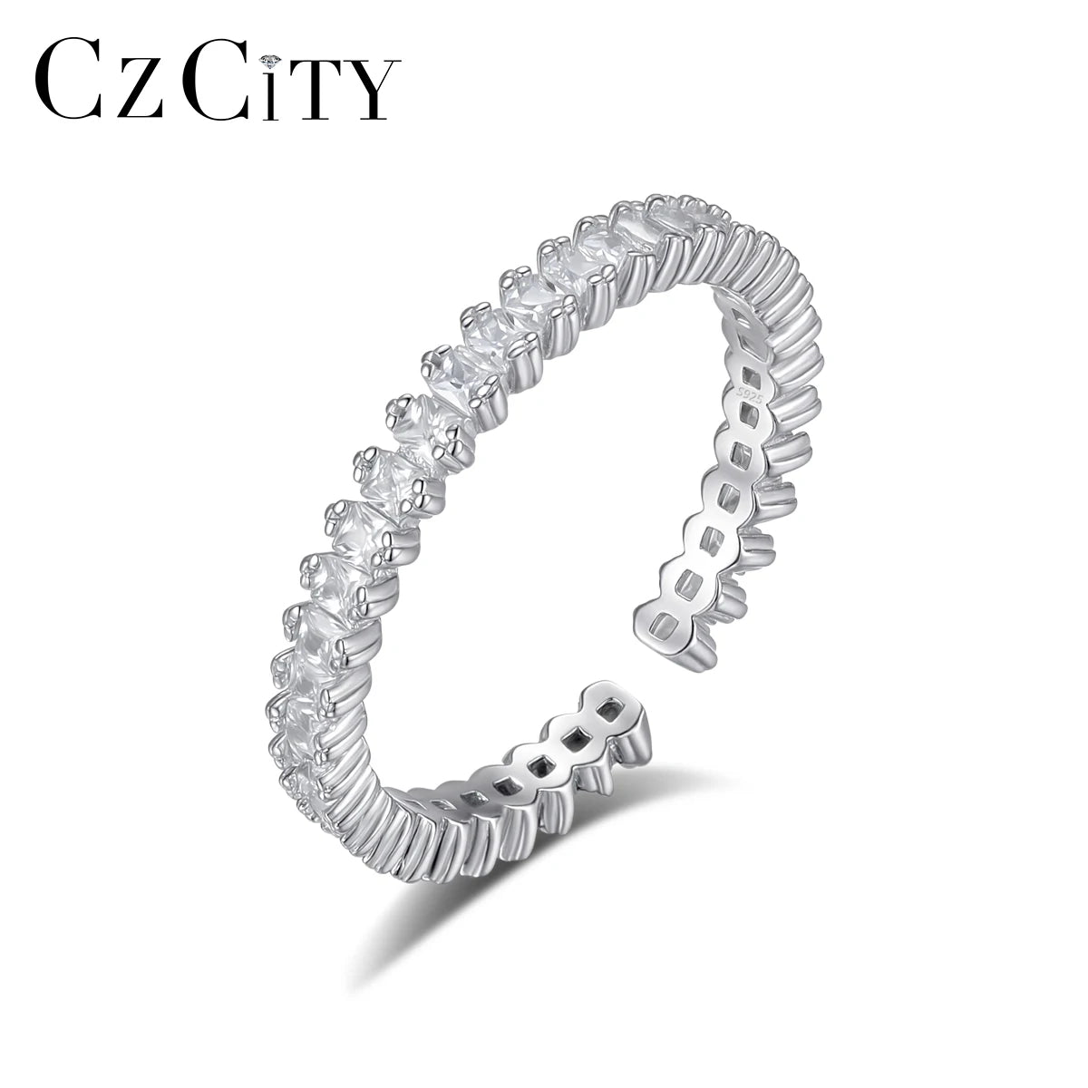 CZCITY Silver Adjustable Jewelry Woman 925 Cz Sterling Stone Finger Cute Simple Cubic Zirconia Band Ring