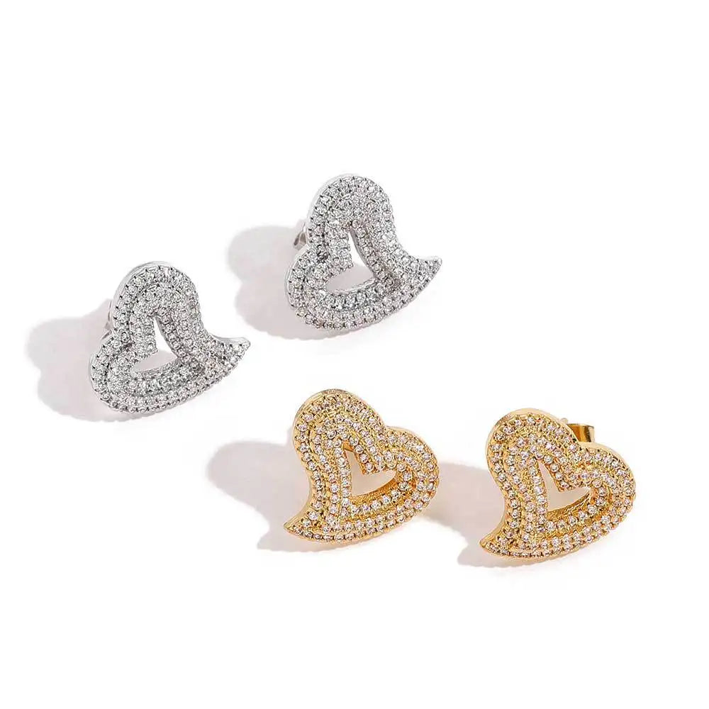 Personality 18K Gold Plated Heart Shaped Earrings Unisex Sparkling Iced Out Cubic Zirconia CZ Hollow Love Heart Stud Earrings