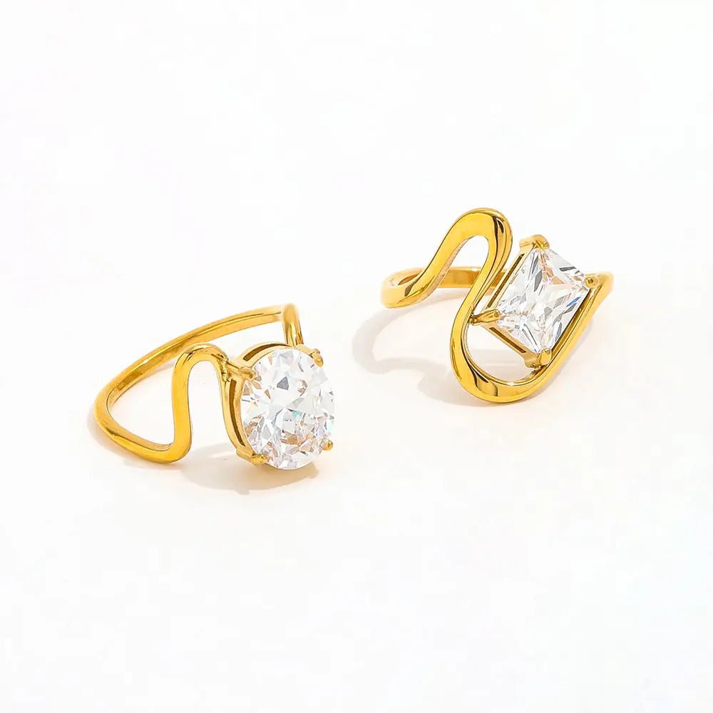High End 18K Gold Rectangle Oval Zirconia Chunky Irregular Curve Lines Ring Stainless Steel Trendy Simple Gold Plated Jewelry MegaBDM