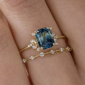 SC Fashion Rings Jewelry Women 14k Gold Plated Square Cut Big Blue Zircon Ring Set