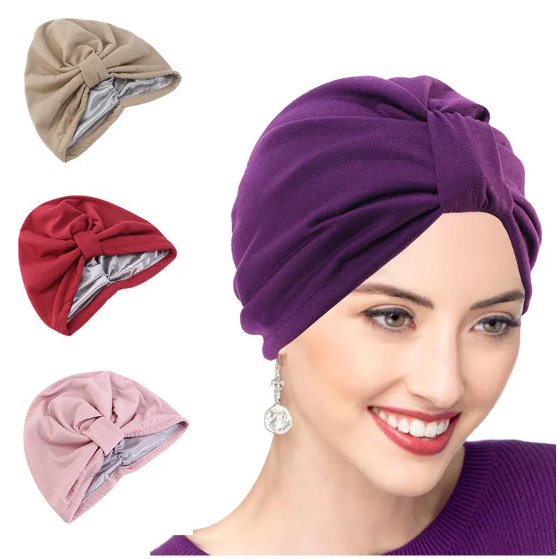 Solid Polyester Satin Silk Lined Bonnet Turban Hats Double Layered Ladies Knotted Wholesale for Muslim Women Travel Party Beach