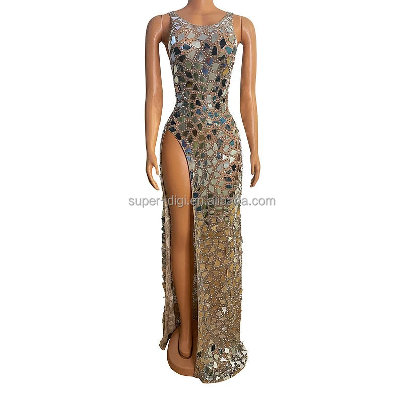 Showgirl Gorgeous Dazzling Mirror High Slit Ladies Sexy Club Dresses Dress Applique Rhinestone Party Dresses
