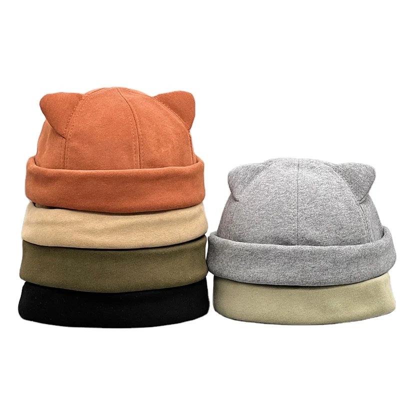 Vintage Cat Ear Dome Hat Men Women Brimless Cap Winter Hip Hop Solid Beanie Cap