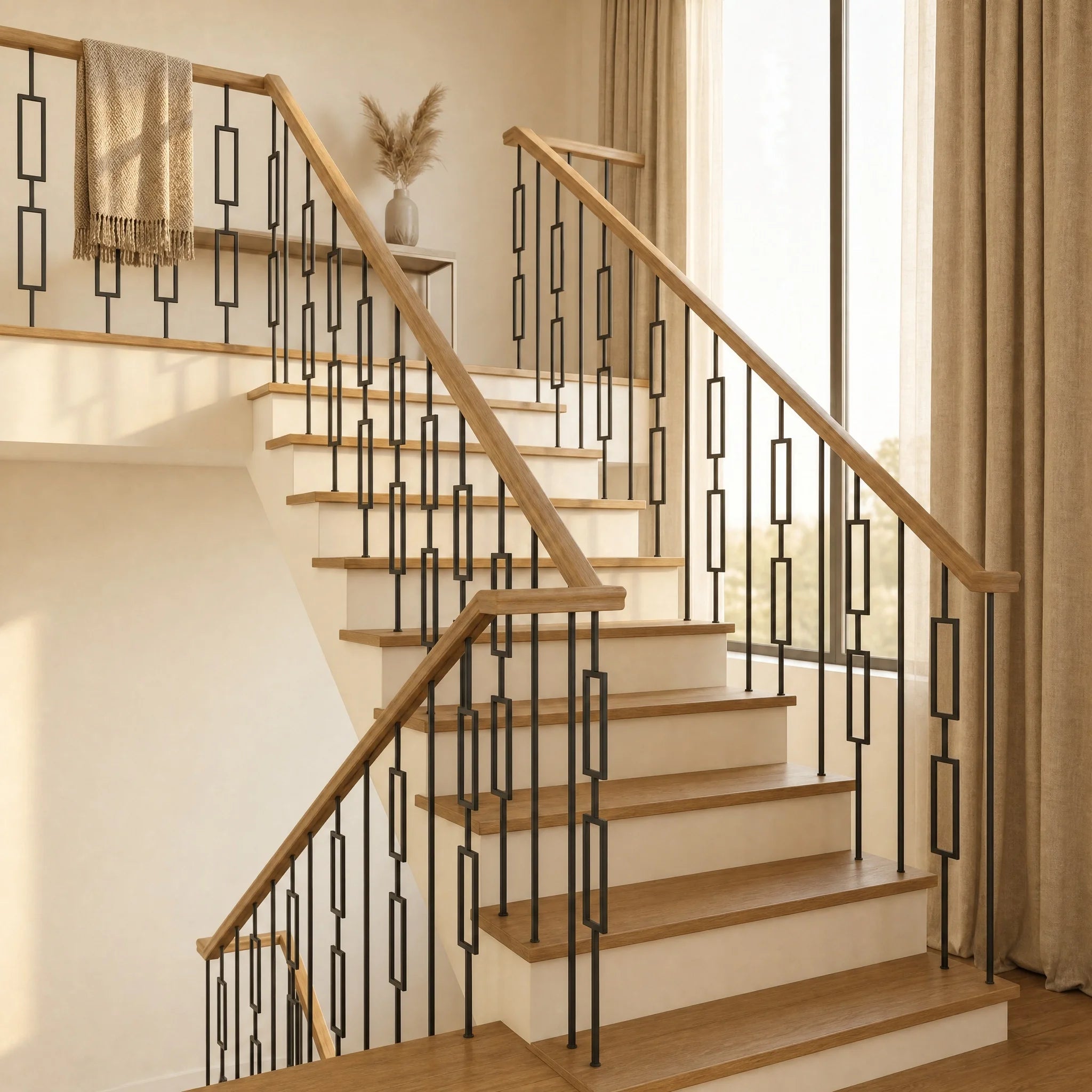 BH Railing Modern Indoor Ornamental Stair Spindles Wrought Iron Balusters Handrails Double Rectangle Balustrades