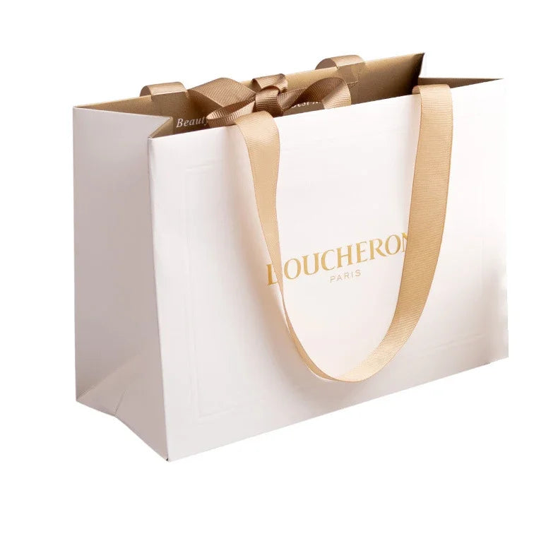 Recyclable Gift Wrapping Shopping Packaging Bag Customization Creative Champagne Color Gift Paper Bag with Ribbon for Boutique