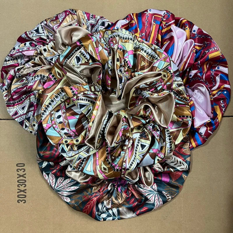 Double Layer Plant Printing Hair Bonnets Sleeping Cap Women African Print Bonnets Satin Shower Cap