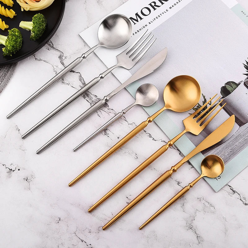 Luxury 4-Piece Gold Flatware Set with Slim Tapered Handle 304 Stainless Steel Royal Cutlery for Wedding & Hotel
