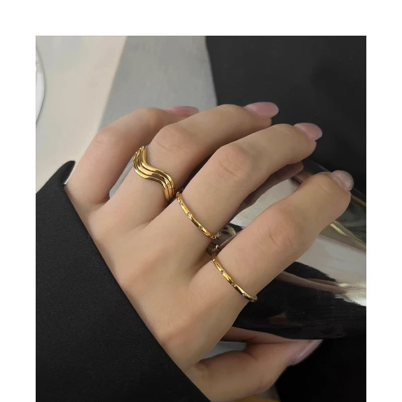 Minimalist Jewelry Waterproof Tarnish Free Bague Acier Inoxydable Femme Stainless Steel 18K Gold Plated Wave Thin Rings Stacking
