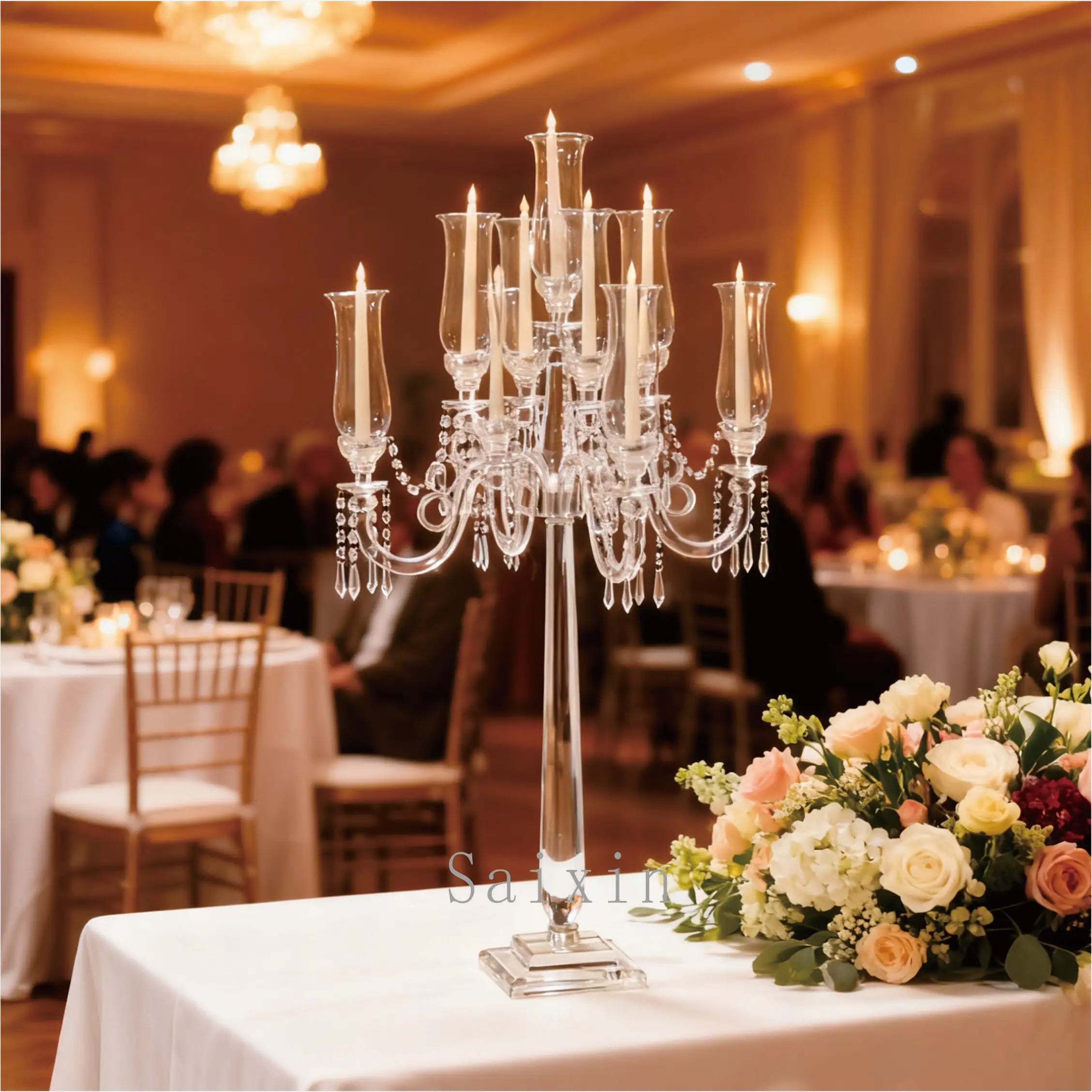 Factory Sale New Home Decor 9 Arms Tall clear Crystal Candle Holder for Wedding Centerpiece