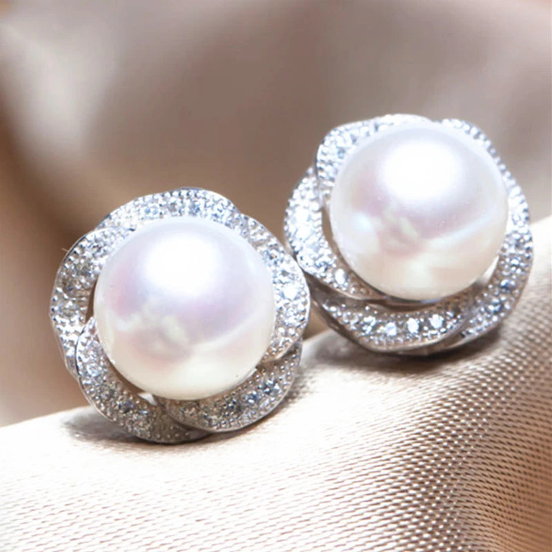 Huitan French Elegant Style Pearls Earrings for Women Hot Sale Luxury Transparent Crystal 925 Silver Plated Stud Earrings