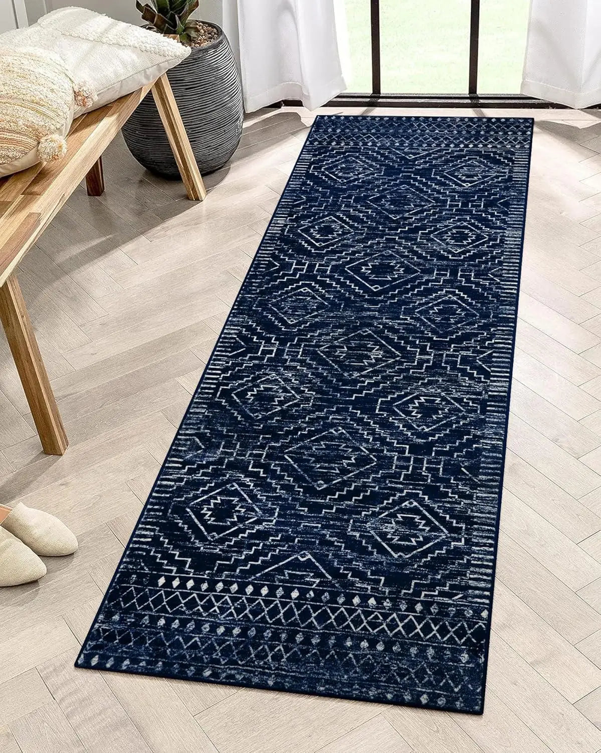2x6 Moroccan Black Kitchen Runner Rug Washable Geometric Carpet for Entryway Non-Slip Bohemian Soft Bathroom Throw Mat