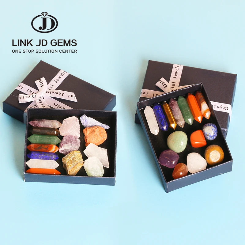Natural Stone Specimen Box Set Seven Chakra Rough Mineral Stone Hexagonal Column Healing Ornaments Birthday Educational Gift