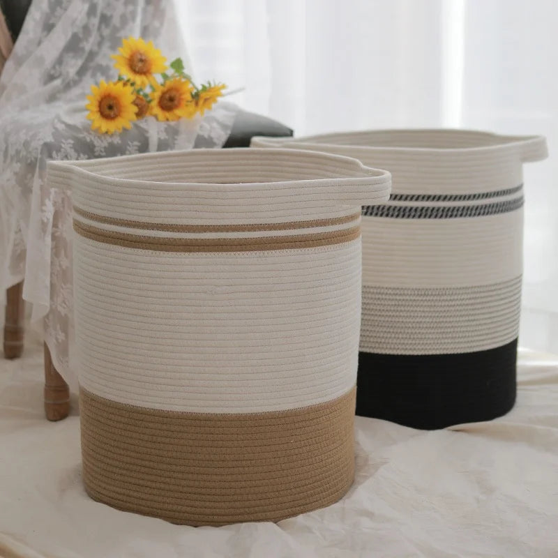 Modern Large Woven Basket for Laundry Clothing Bags-Decorative Rope Storage Basket Cotton Fabric Handles-for Living Room Use
