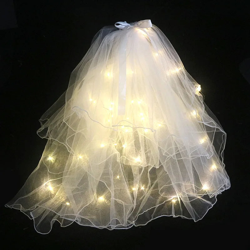 IVANHOE Pearl Double Bride Veil Party Supplies Decoration Wedding Handmade Hair Accessories with LED Lights