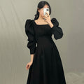 Wholesale 2025 Autumn New Style French Elegant Thin Square Collar Pleated Waist Knee-length Mid-length Puff Sleeve Women Dress