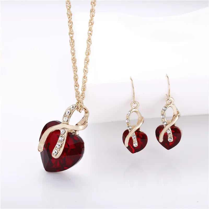 Fashion Bridal Wedding Earrings Necklace Set Gold Plated Women Trendy Crystal Heart Pendant Necklaces Jewelry Set