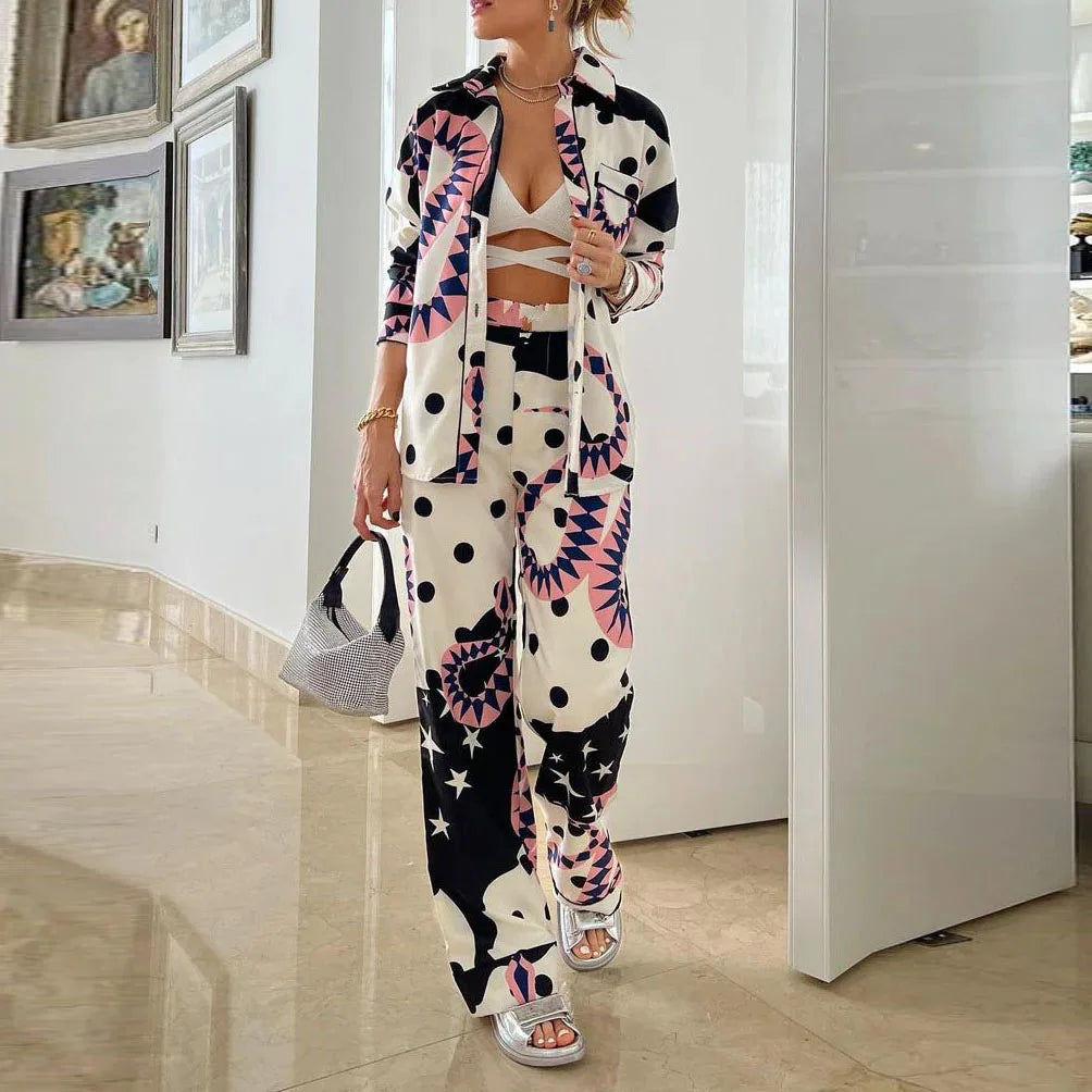 Women's Plus-size Temperament Long-sleeved commuter Shirt High-waisted Wide-leg Pant Suit