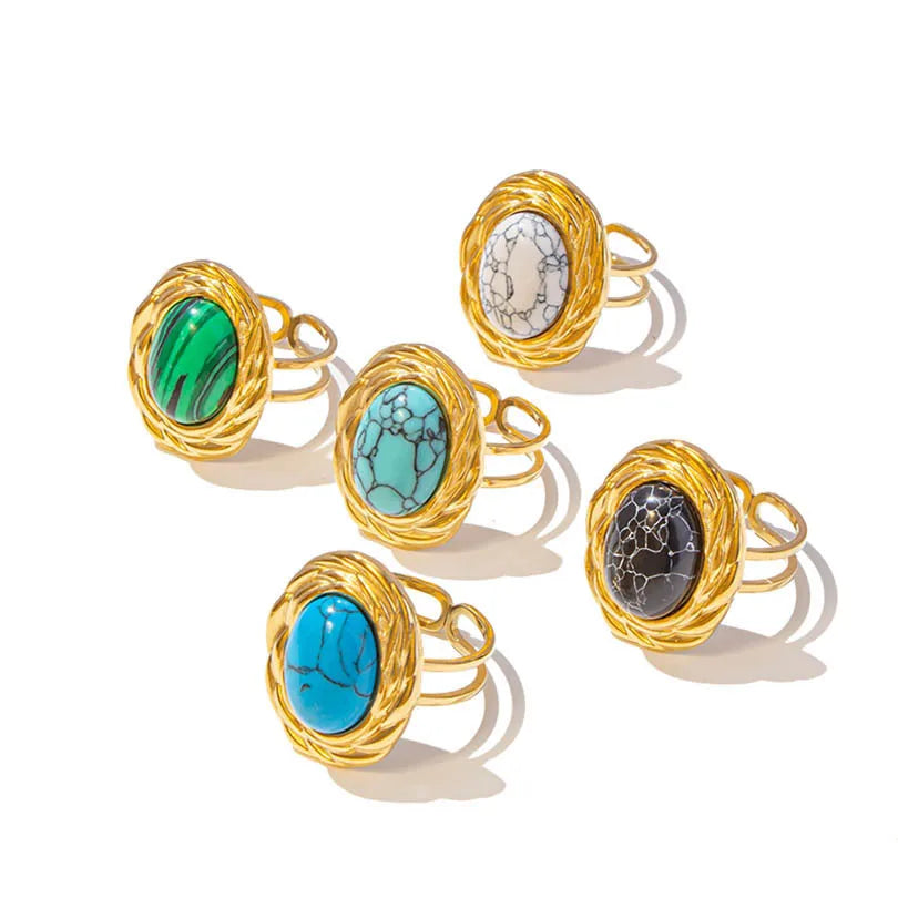ODM Texture Light Luxury Natural Blue Turquoise Oval Ring Fashion New Stainless Steel 18K Jewelry Wholesale